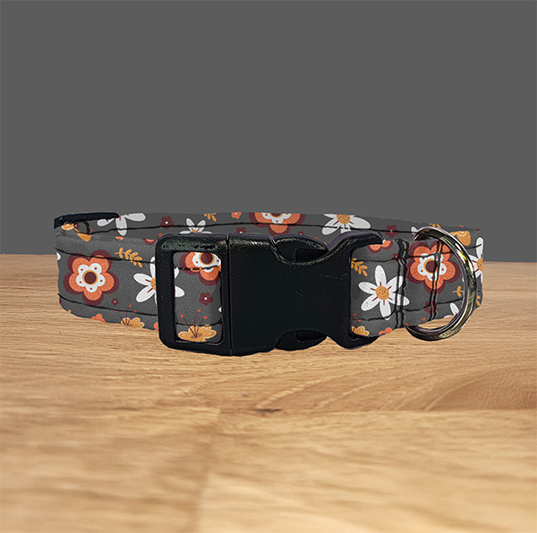 Grey Retro Floral Dog Collar