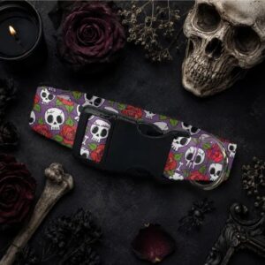 Purple Skulls and Roses Dog Collar