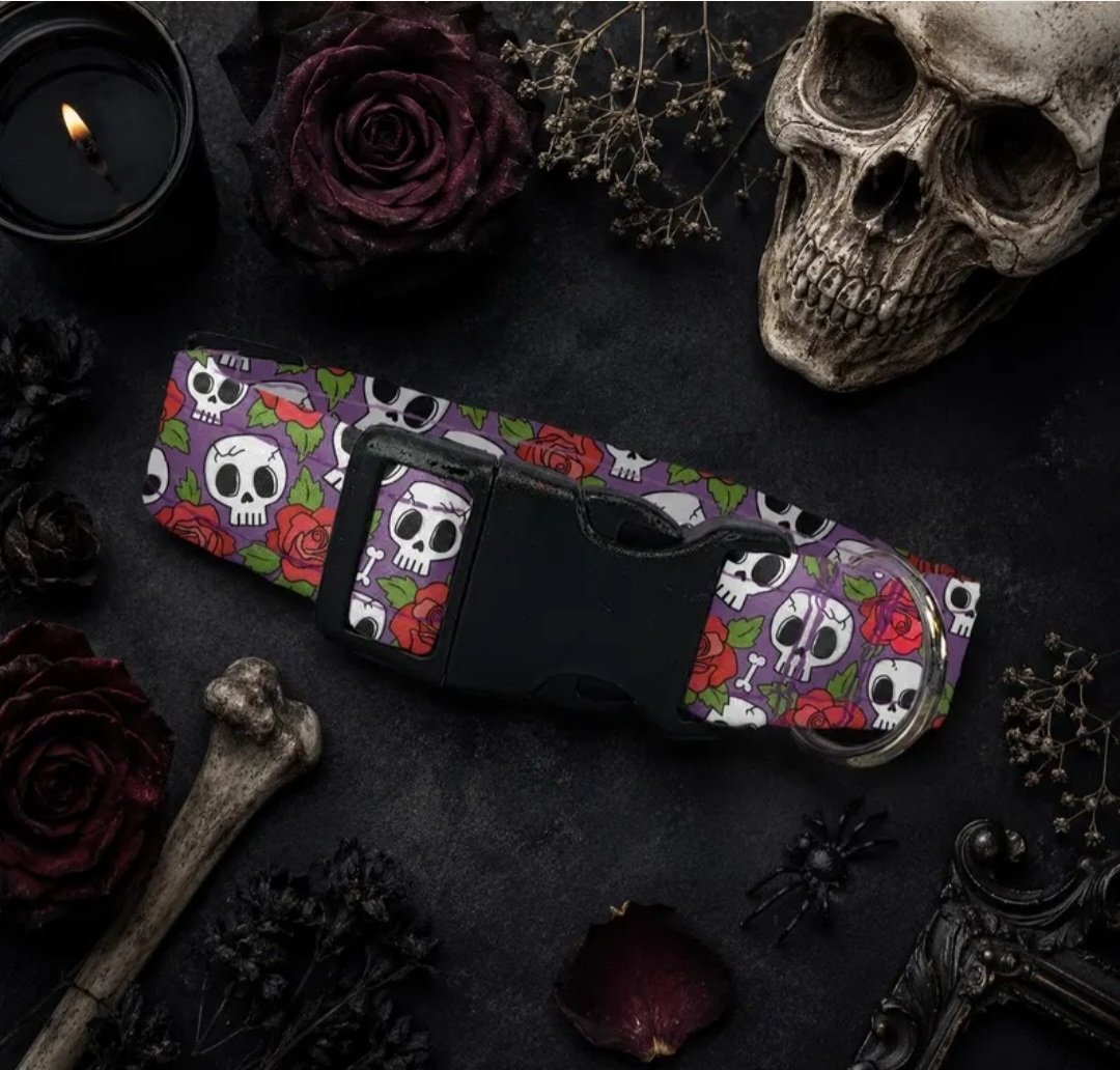 Purple Skulls and Roses Dog Collar